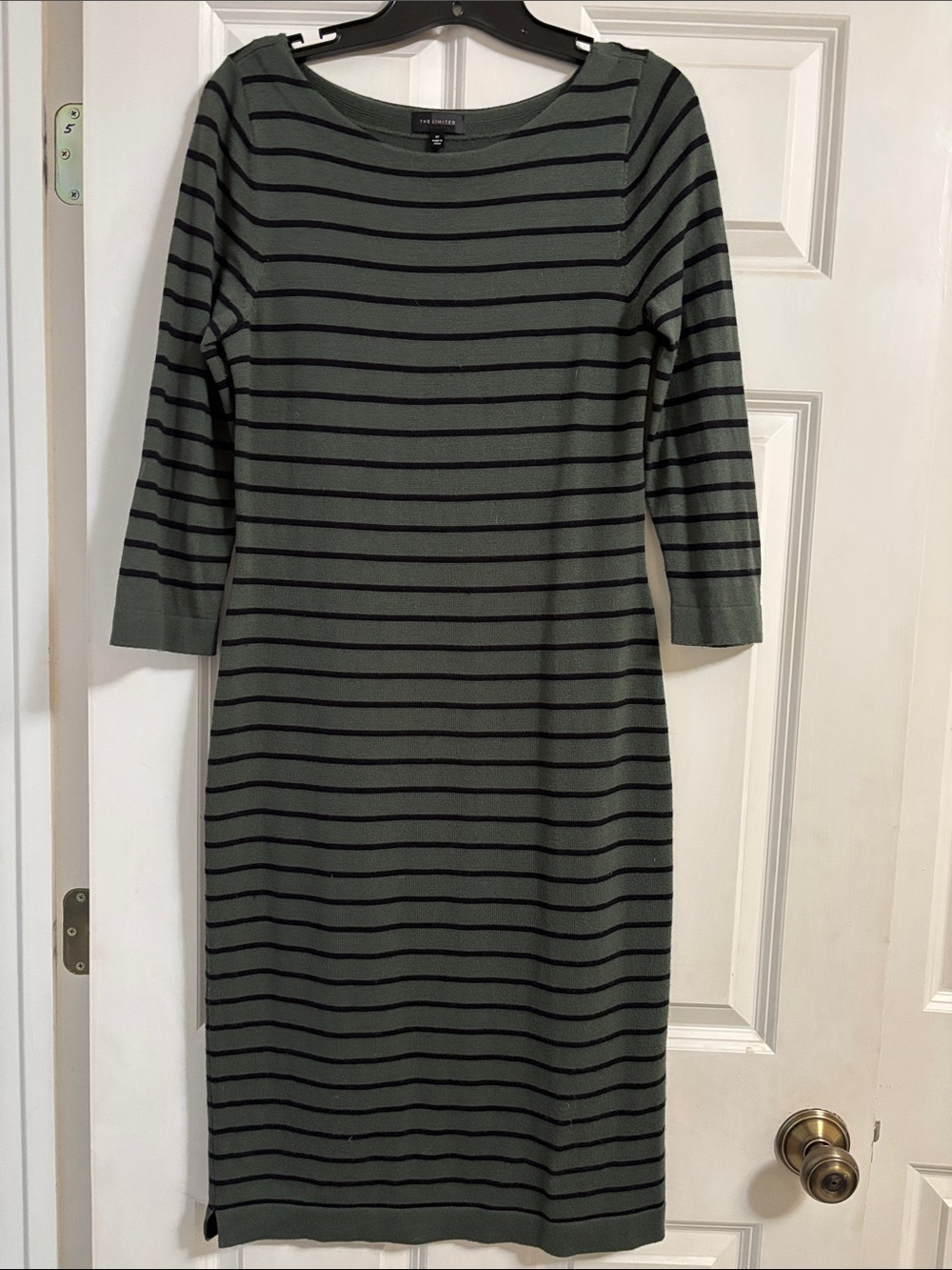 The Limited Olive Green and Black Striped Midi Dress